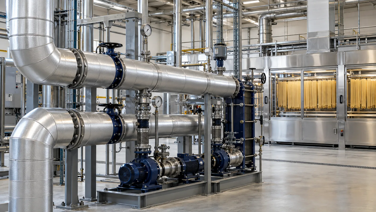 Centrale di acqua surriscaldata con pompe e scambiatore davanti alla linea di essiccazione di un pastificio