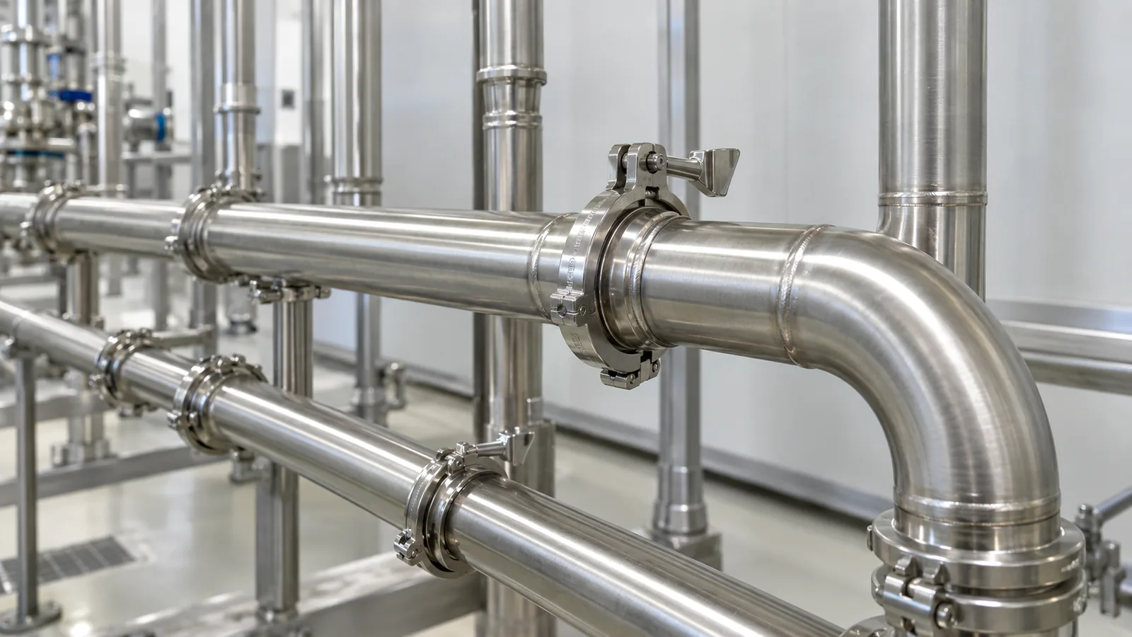 Tubazione inox per acqua purificata con attacchi clamp e saldature orbitali